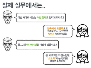 실제 실무에서는..
이번 사이드 메뉴는 어떤 형태로 열리게 되나요?
왼쪽에서 오른쪽으로,
그리고 기사 상단으로
덮이는 형태면 돼요.
음, 그럼 애니메이션은 어떻게 넣을까요?
음, 빠르지만 자연스럽게.
‘스르륵’ 하는 형태로
열리면 좋겠어요.
 