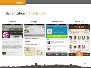 Gamification | Checking In

  Gowalla       scvngr       Foursquare   We & Co




                                                    35
 
