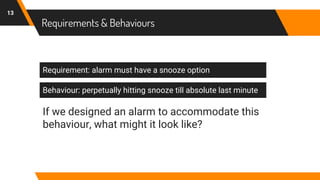 Requirements & Behaviours
13
Requirement: alarm must have a snooze option
Behaviour: perpetually hitting snooze till absolute last minute
If we designed an alarm to accommodate this
behaviour, what might it look like?
 