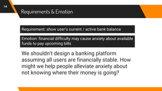 Requirements & Emotion
14
Requirement: show user’s current / active bank balance
Emotion: financial difficulty may cause anxiety about available
funds to pay upcoming bills
We shouldn’t design a banking platform
assuming all users are financially stable. How
might we help people alleviate anxiety about
not knowing where their money is going?
 