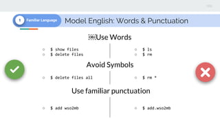 Model English: Words & Punctuation1 Familiar Language
○ $ show files
○ $ delete files
○ $ ls
○ $ rm
￼Use Words
Avoid Symbols
○ $ delete files all ○ $ rm *
Use familiar punctuation
○ $ add wso2mb ○ $ add.wso2mb
 
