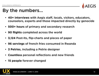 KIGALI & LONDON | JUNE 1-7, 2014
CHALLENGE & APPROACH
By the numbers…
• 40+ interviews with Aegis staff, locals, visitors,...