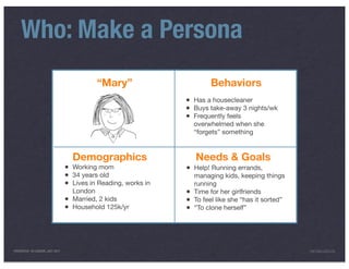 Who: Make a Persona
                                             “Mary”                        Behaviors
                                                                  •   Has a housecleaner
                                                                  •   Buys take-away 3 nights/wk
                                                                  •   Frequently feels
                                                                      overwhelmed when she
                                                                      “forgets” something


                                     Demographics                     Needs & Goals
                                 •   Working mom                  •   Help! Running errands,
                                 •   34 years old                     managing kids, keeping things
                                 •   Lives in Reading, works in       running
                                     London                       •   Time for her girlfriends
                                 •   Married, 2 kids              •   To feel like she “has it sorted”
                                 •   Household 125k/yr            •   “To clone herself”




PRESENTED IN LONDON, JULY 2011                                                                           INFO@LUXR.CO
 