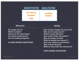 QUANTITATIVE QUALITATIVE
                                            a/b testing    usability
                                            analytics       testing
                                               KPIs


                                 Behavior                              Ability
              Do people use it?                           How should I design the new one?
              Which is better?                            Why won’t people use it?
              Did we do the right thing?                  What’s wrong with this?
              Are these results good?                     How could I make this better?
              Are we making progress?                     Why do people do that?
                                                          What do people love about it?
              CLOSED-ENDED QUESTIONS                      How can I improve conversion?
                                                          Why is there dropoff?
                                                          What do they think this should do?

                                                          OPEN-ENDED QUESTIONS


PRESENTED IN LONDON, JULY 2011                                                           INFO@LUXR.CO
 
