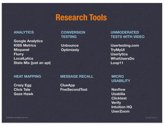 Research Tools
          ANALYTICS                  CONVERSION       UNMODERATED
                                     TESTING          TESTS WITH VIDEO
          Google Analytics
          KISS Metrics               Unbounce         Usertesting.com
          Mixpanel                   Optimizely       TryMyUI
          Flurry                                      Userlytics
          LocalLytics                                 WhatUsersDo
          Stats Mix (just an api)                     Loop11


          HEAT MAPPING               MESSAGE RECALL   MICRO
                                                      USABILITY
          Crazy Egg                  ClueApp
          Click Tale                 FiveSecondTest   Navﬂow
          Gaze Hawk                                   Usabilia
                                                      Clicktest
                                                      Verify
                                                      Intuition HQ
                                                      UserZoom
PRESENTED IN LONDON, JULY 2011                                           INFO@LUXR.CO
 