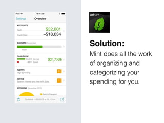 Solution: 
Mint does all the work
of organizing and
categorizing your
spending for you.
 