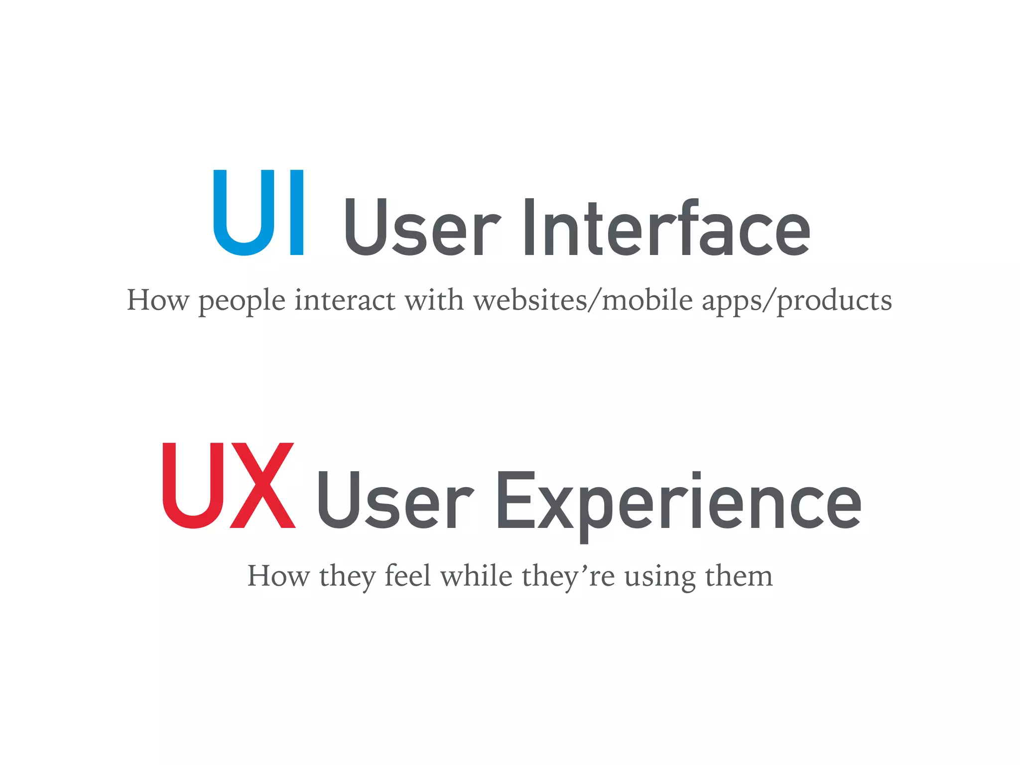 UI User Interface
UX User Experience
How people interact with websites/mobile apps/products
How they feel while they’re using them
 