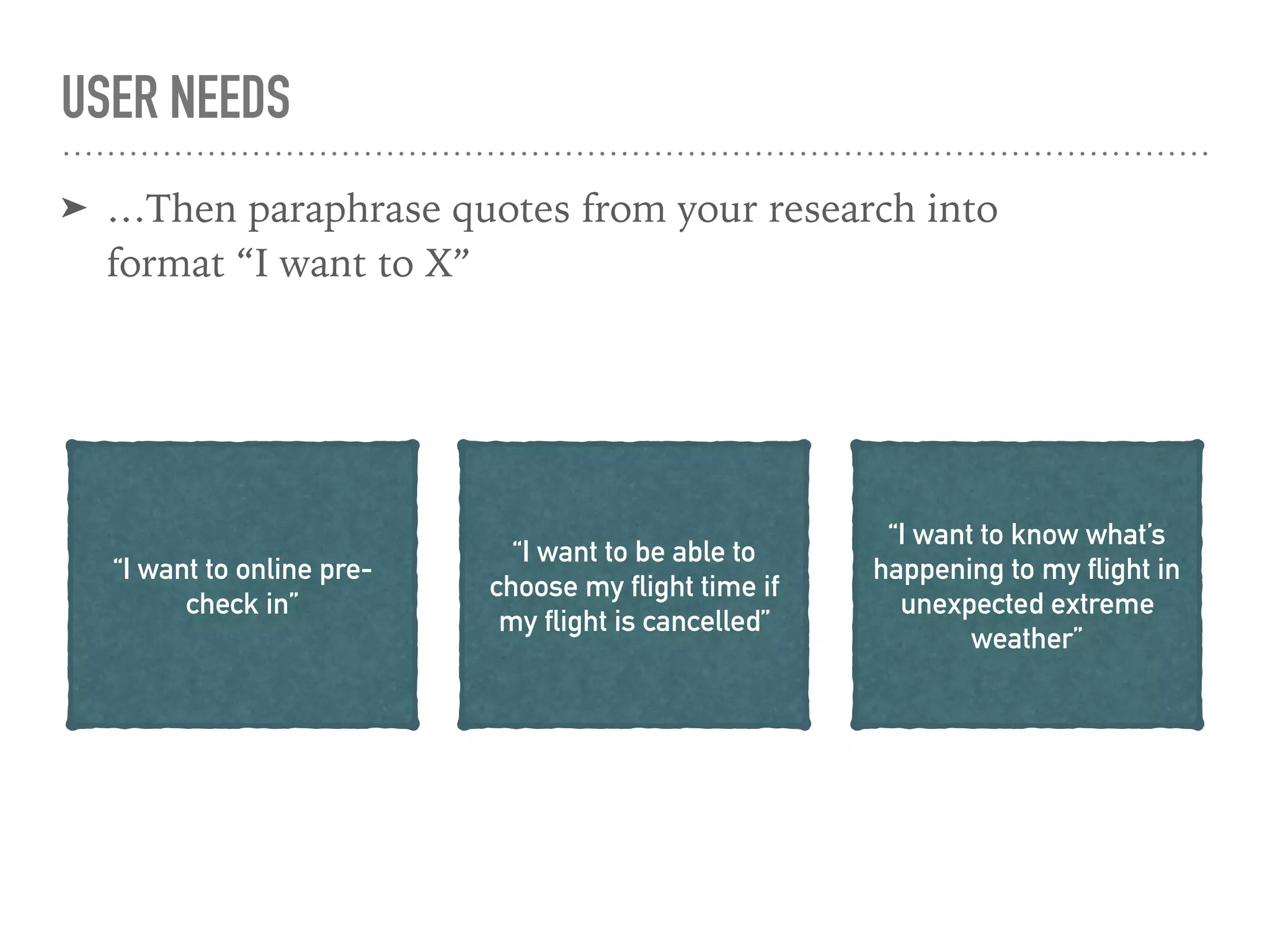 USER NEEDS
➤ …Then paraphrase quotes from your research into
format “I want to X”
“I want to online pre-
check in”
“I want to be able to
choose my flight time if
my flight is cancelled”
“I want to know what’s
happening to my flight in
unexpected extreme
weather”
 