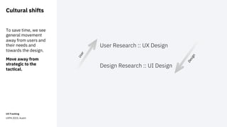 Cultural shifts
To save time, we see
general movement
away from users and
their needs and
towards the design.
Move away from
strategic to the
tactical.
User Research :: UX Design
Design Research :: UI Design
UX Fracking
UXPA 2023, Austin
D
e
s
i
g
n
U
s
e
r
 