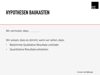 HYPOTHESEN BAUKASTEN
Wir vermuten, dass .
Wir wissen, dass es stimmt, wenn wir sehen, dass:
•  Bestimmte Qualitative Resultate und/oder
•  Quantitative Resultate entstehen
Concept credit @jboogie
 