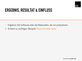 ERGEBNIS, RESULTAT & EINFLUSS
-  Ergebnis: Die Software oder die Materialien, die wir produzieren.
Ø  Einfach zu verfolgen. Beispiel: Neue Anmelde-Seite
Concept credit @jboogie
 