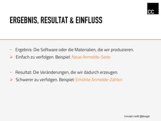 ERGEBNIS, RESULTAT & EINFLUSS
-  Ergebnis: Die Software oder die Materialien, die wir produzieren.
Ø  Einfach zu verfolgen. Beispiel: Neue Anmelde-Seite
-  Resultat: Die Veränderungen, die wir dadurch erzeugen.
Ø  Schwerer zu verfolgen. Beispiel: Erhöhte Anmelde-Zahlen
Concept credit @jboogie
 