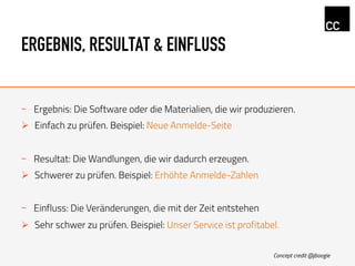ERGEBNIS, RESULTAT & EINFLUSS
-  Ergebnis: Die Software oder die Materialien, die wir produzieren.
Ø  Einfach zu prüfen. Beispiel: Neue Anmelde-Seite
-  Resultat: Die Wandlungen, die wir dadurch erzeugen.
Ø  Schwerer zu prüfen. Beispiel: Erhöhte Anmelde-Zahlen
-  Einfluss: Die Veränderungen, die mit der Zeit entstehen
Ø  Sehr schwer zu prüfen. Beispiel: Unser Service ist profitabel.
Concept credit @jboogie
 