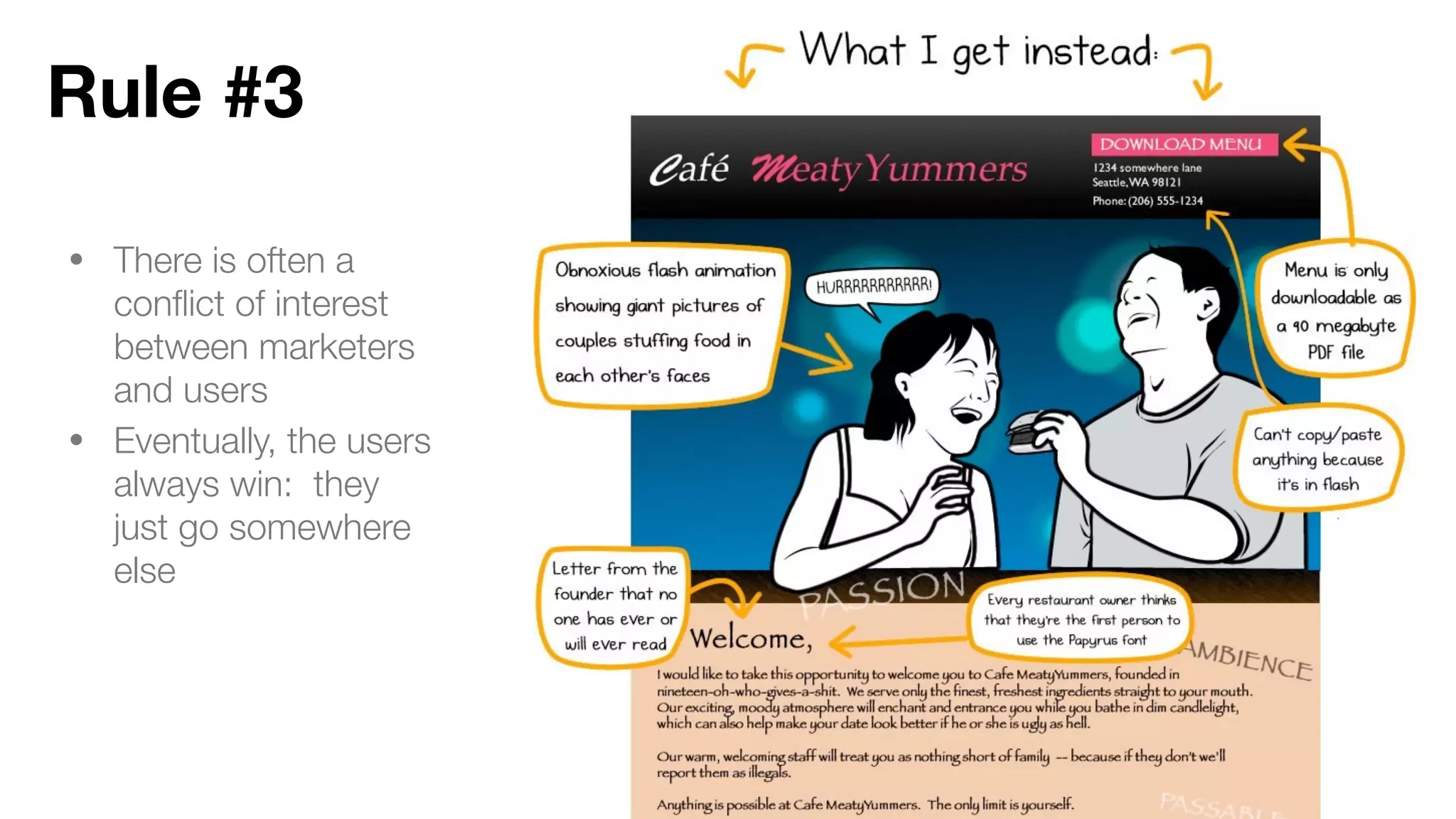 1. Where are the hotels
and rooms?
2. Why am I looking at
Kevin Spacey?
3. Oh, up there.
Case 1
 