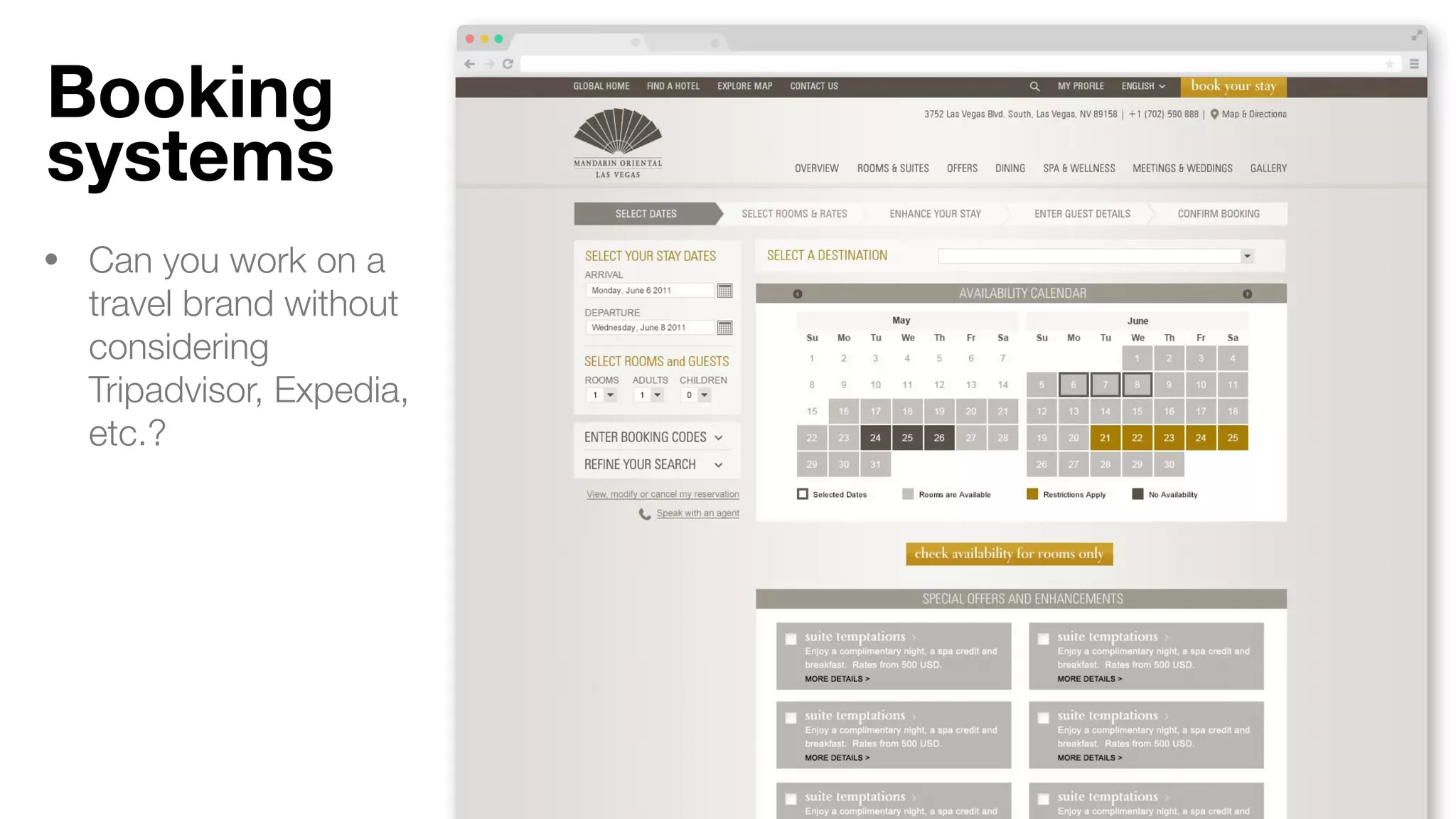 Booking
systems
• Can you work on a
travel brand without
considering
Tripadvisor, Expedia,
etc.?
 
