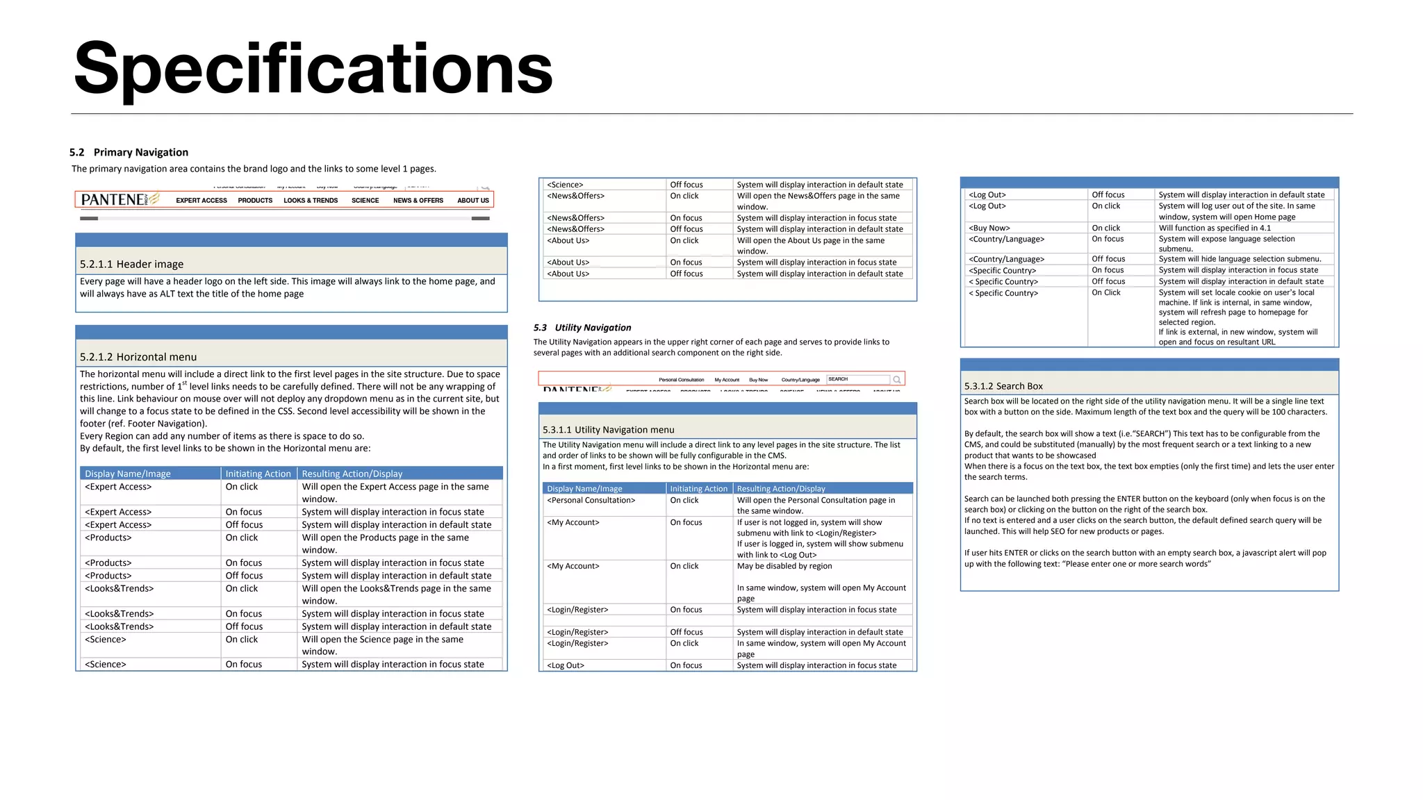 PANTENE!Functional!Requirements!
! ! 17 of 70
!
!
5.2 Primary!Navigation!!
!The!primary!navigation!area!contains!the!brand!logo!and!the!links!to!some!level!1!pages.!
!
!
!
! ! ! !
5.2.1.1 Header!image!
Every!page!will!have!a!header!logo!on!the!left!side.!This!image!will!always!link!to!the!home!page,!and!
will!always!have!as!ALT!text!the!title!of!the!home!page!
!
!
! ! ! !
5.2.1.2 Horizontal!menu!!
The!horizontal!menu!will!include!a!direct!link!to!the!first!level!pages!in!the!site!structure.!Due!to!space!
restrictions,!number!of!1st
!level!links!needs!to!be!carefully!defined.!There!will!not!be!any!wrapping!of!
this!line.!Link!behaviour!on!mouse!over!will!not!deploy!any!dropdown!menu!as!in!the!current!site,!but!
will!change!to!a!focus!state!to!be!defined!in!the!CSS.!Second!level!accessibility!will!be!shown!in!the!
footer!(ref.!Footer!Navigation).!!
Every!Region!can!add!any!number!of!items!as!there!is!space!to!do!so.!
By!default,!the!first!level!links!to!be!shown!in!the!Horizontal!menu!are:!
!
Display!Name/Image! Initiating!Action! Resulting!Action/Display!
<Expert!Access>! On!click! Will!open!the!Expert!Access!page!in!the!same!
window.!
<Expert!Access>! On!focus! System!will!display!interaction!in!focus!state!
<Expert!Access>! Off!focus! System!will!display!interaction!in!default!state!
<Products>! On!click! Will!open!the!Products!page!in!the!same!
window.!
<Products>! On!focus! System!will!display!interaction!in!focus!state!
<Products>! Off!focus! System!will!display!interaction!in!default!state!
<Looks&Trends>! On!click! Will!open!the!Looks&Trends!page!in!the!same!
window.!
<Looks&Trends>! On!focus! System!will!display!interaction!in!focus!state!
<Looks&Trends>! Off!focus! System!will!display!interaction!in!default!state!
<Science>! On!click! Will!open!the!Science!page!in!the!same!
window.!
<Science>! On!focus! System!will!display!interaction!in!focus!state!
PANTENE!Functional!Requirements!
! ! 18 of 70
<Science>! Off!focus! System!will!display!interaction!in!default!state!
<News&Offers>! On!click! Will!open!the!News&Offers!page!in!the!same!
window.!
<News&Offers>! On!focus! System!will!display!interaction!in!focus!state!
<News&Offers>! Off!focus! System!will!display!interaction!in!default!state!
<About!Us>! On!click! Will!open!the!About!Us!page!in!the!same!
window.!
<About!Us>! On!focus! System!will!display!interaction!in!focus!state!
<About!Us>! Off!focus! System!will!display!interaction!in!default!state!
!
!
!
5.3 Utility)Navigation)
The!Utility!Navigation!appears!in!the!upper!right!corner!of!each!page!and!serves!to!provide!links!to!
several!pages!with!an!additional!search!component!on!the!right!side.!
!
!
!
! ! ! !
5.3.1.1 Utility!Navigation!menu!!
The!Utility!Navigation!menu!will!include!a!direct!link!to!any!level!pages!in!the!site!structure.!The!list!
and!order!of!links!to!be!shown!will!be!fully!configurable!in!the!CMS.!!
In!a!first!moment,!first!level!links!to!be!shown!in!the!Horizontal!menu!are:!
!
Display!Name/Image! Initiating!Action! Resulting!Action/Display!
<Personal!Consultation>! On!click! Will!open!the!Personal!Consultation!page!in!
the!same!window.!
<My!Account>! On!focus! If!user!is!not!logged!in,!system!will!show!
submenu!with!link!to!<Login/Register>!
If!user!is!logged!in,!system!will!show!submenu!
with!link!to!<Log!Out>!
<My!Account>! On!click! May!be!disabled!by!region!
!
In!same!window,!system!will!open!My!Account!
page!
<Login/Register>! On!focus! System!will!display!interaction!in!focus!state!
! ! !
<Login/Register>! Off!focus! System!will!display!interaction!in!default!state!
<Login/Register>! On!click! In!same!window,!system!will!open!My!Account!
page!
<Log!Out>! On!focus! System!will!display!interaction!in!focus!state!
PANTENE!Functional!Requirements!
! ! 19 of 70
! ! ! !
<Log!Out>! Off!focus! System!will!display!interaction!in!default!state!
<Log!Out>! On!click! System!will!log!user!out!of!the!site.!In!same!
window,!system!will!open!Home!page!
<Buy!Now>! On!click! Will!function!as!specified!in!4.1!
<Country/Language>! On focus! System will expose language selection
submenu.!
<Country/Language>! Off focus! System will hide language selection submenu.!
<Specific!Country>! On focus! System will display interaction in focus state!
<!Specific!Country>! Off focus! System will display interaction in default state!
<!Specific!Country>! On Click! System will set locale cookie on user’s local
machine. If link is internal, in same window,
system will refresh page to homepage for
selected region.
If link is external, in new window, system will
open and focus on resultant URL!!
!
! ! ! !
5.3.1.2 Search!Box!!
Search!box!will!be!located!on!the!right!side!of!the!utility!navigation!menu.!It!will!be!a!single!line!text!
box!with!a!button!on!the!side.!Maximum!length!of!the!text!box!and!the!query!will!be!100!characters.!
!
By!default,!the!search!box!will!show!a!text!(i.e.“SEARCH”)!This!text!has!to!be!configurable!from!the!
CMS,!and!could!be!substituted!(manually)!by!the!most!frequent!search!or!a!text!linking!to!a!new!
product!that!wants!to!be!showcased!
When!there!is!a!focus!on!the!text!box,!the!text!box!empties!(only!the!first!time)!and!lets!the!user!enter!
the!search!terms.!!
!
Search!can!be!launched!both!pressing!the!ENTER!button!on!the!keyboard!(only!when!focus!is!on!the!
search!box)!or!clicking!on!the!button!on!the!right!of!the!search!box.!
If!no!text!is!entered!and!a!user!clicks!on!the!search!button,!the!default!defined!search!query!will!be!
launched.!This!will!help!SEO!for!new!products!or!pages.!
!
If!user!hits!ENTER!or!clicks!on!the!search!button!with!an!empty!search!box,!a!javascript!alert!will!pop!
up!with!the!following!text:!“Please!enter!one!or!more!search!words”!
!
!
!
5.4 Footer)Navigation)
Footer!Navigation!appears!at!the!bottom!of!each!page,!and!includes!two!blocks,!the!global!footer!
navigation,!with!links!to!the!site!structure,!and!the!page!footer,!underneath.!!
!
Specifications
 