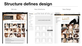 Levels of increasing fidelity
Schematic
A conceptual layout indicating required
areas of content and navigation. Also
known as a low-ﬁdelity wireframe.
Design
A graphical rendering of the ﬁnal interface
suitable for production. Includes precise layout,
color, typography, graphics & content.
Wireframe
A detailed layout specifying all components of
the required interface and indicating relative
sizes and positions of key elements.
 