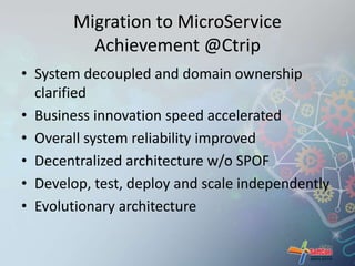 Migration to MicroService 
Achievement @Ctrip 
• System decoupled and domain ownership 
clarified 
• Business innovation speed accelerated 
• Overall system reliability improved 
• Decentralized architecture w/o SPOF 
• Develop, test, deploy and scale independently 
• Evolutionary architecture 
 