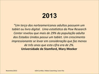 2013
“Um	
  terço	
  dos	
  norteamericanos	
  adultos	
  possuem	
  um	
  
tablet	
  ou	
  livro	
  digital.	
  	
  Uma	
  estaes_ca	
  da	
  Pew	
  Research	
  
Center	
  revelou	
  que	
  mais	
  de	
  29%	
  da	
  população	
  adulta	
  
dos	
  Estados	
  Unidos	
  possui	
  um	
  tablet.	
  Um	
  crescimento	
  
impressionante	
  se	
  levar	
  em	
  consideração	
  que	
  faz	
  menos	
  
de	
  três	
  anos	
  que	
  esta	
  cifra	
  era	
  de	
  2%.	
  	
  
Universidade	
  de	
  Stamford,	
  Mary	
  Meeker	
  	
  

Novembro/2013	
  
Setembro/2011

IxDA	
  CuriKba	
  /	
  Aldeia	
  Coworking	
  /	
  Jane	
  Vita	
  
IxDA Curitiba / Aldeia Coworking / Jane Vita

31

 