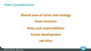 @steve_denning @uservision
Team Considerations
Shared view of vision and strategy
Team structure
Roles and responsibilitie...