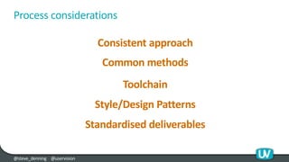 @steve_denning @uservision
Process considerations
Consistent approach
Common methods
Toolchain
Style/Design Patterns
Stand...