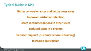 @steve_denning @uservision
Typical Business KPIs
Better conversion rates and better cross sales
Improved customer retentio...