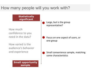 How many people will you work with?
          Statistically
           significant
                          Large, but is the group
                          representative?
   How much
   confidence to you
   need in the data?      Focus on one aspect of users, or
                          one group
   How varied is the
   audience’s behavior
   and experience         Small convenience sample, matching
                          some characteristics

      Small opportunity
           sample
 