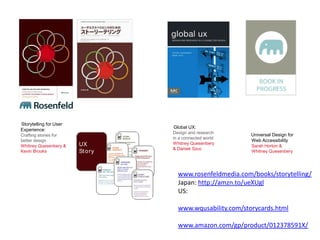 Storytelling for User
                                  Global UX:
Experience:
                                  Design and research      Universal Design for
Crafting stories for
                                  in a connected world
better design                                              Web Accessibility
                        UX        Whitney Quesenbery
Whitney Quesenbery &                                       Sarah Horton &
                                  & Daniek Szuc
Kevin Brooks            St o ry                            Whitney Quesenbery




                                    www.rosenfeldmedia.com/books/storytelling/
                                    Japan: http://amzn.to/ueXUgl
                                    US:

                                    www.wqusability.com/storycards.html

                                    www.amazon.com/gp/product/012378591X/
 