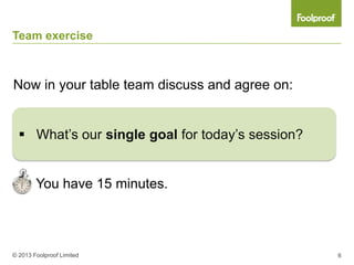 Team exercise



Now in your table team discuss and agree on:


   What’s our single goal for today’s session?


        You have 15 minutes.




© 2013 Foolproof Limited                          6
 