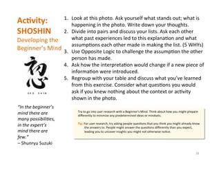 18	
  
Ac4vity:	
  
SHOSHIN	
  
Developing	
  the	
  	
  
Beginner’s	
  Mind	
  
	
  
	
  
1.  Look	
  at	
  this	
  photo...