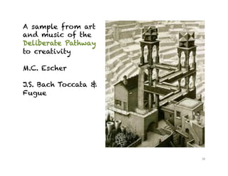 36	
  
A sample from art
and music of the
Deliberate Pathway
to creativity
M.C. Escher
J.S. Bach Toccata &
Fugue
 