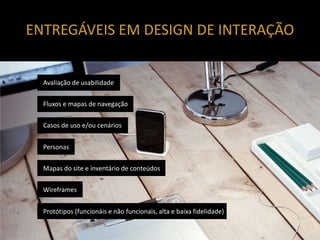 ENTREGÁVEIS EM DESIGN DE INTERAÇÃO


  Avaliação de usabilidade


  Fluxos e mapas de navegação


  Casos de uso e/ou cenários


  Personas


  Mapas do site e inventário de conteúdos


  Wireframes


  Protótipos (funcionáis e não funcionais, alta e baixa fidelidade)
 