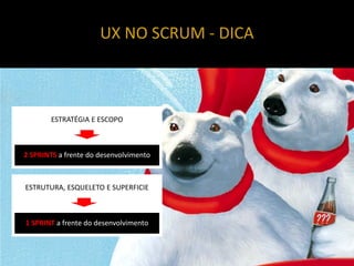 UX NO SCRUM - DICA



       ESTRATÉGIA E ESCOPO



2 SPRINTS a frente do desenvolvimento



ESTRUTURA, ESQUELETO E SUPERFICIE



1 SPRINT a frente do desenvolvimento
 
