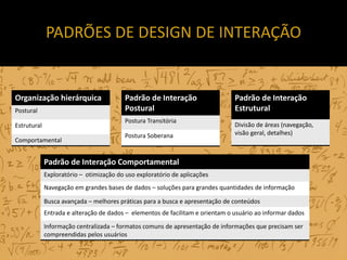 PADRÕES DE DESIGN DE INTERAÇÃO


Organização hierárquica                   Padrão de Interação                   Padrão de Interação
Postural                                  Postural                              Estrutural
                                          Postura Transitória
Estrutural                                                                      Divisão de áreas (navegação,
                                          Postura Soberana                      visão geral, detalhes)
Comportamental


             Padrão de Interação Comportamental
             Exploratório – otimização do uso exploratório de aplicações
             Navegação em grandes bases de dados – soluções para grandes quantidades de informação

             Busca avançada – melhores práticas para a busca e apresentação de conteúdos
             Entrada e alteração de dados – elementos de facilitam e orientam o usuário ao informar dados

             Informação centralizada – formatos comuns de apresentação de informações que precisam ser
             compreendidas pelos usuários
 