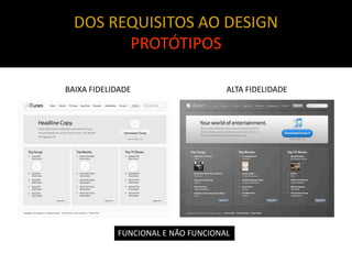 DOS REQUISITOS AO DESIGN
        PROTÓTIPOS

BAIXA FIDELIDADE                    ALTA FIDELIDADE




            FUNCIONAL E NÃO FUNCIONAL
 