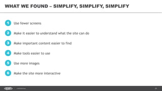 24CONFIDENTIAL
WHAT WE FOUND – SIMPLIFY, SIMPLIFY, SIMPLIFY
Use fewer screens1
Make it easier to understand what the site ...