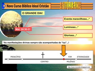 http://www.novocbic.blogspot.com/ O GRANDE DIA! Evento maravilhoso...* Luminoso...* Glorioso...* *As manifestações divinas sempre são acompanhadas de “luz”...! Mat.   24:30-31 PRINCÍPIO CENTRO FIM ETERNIDADE MILÊNIO 