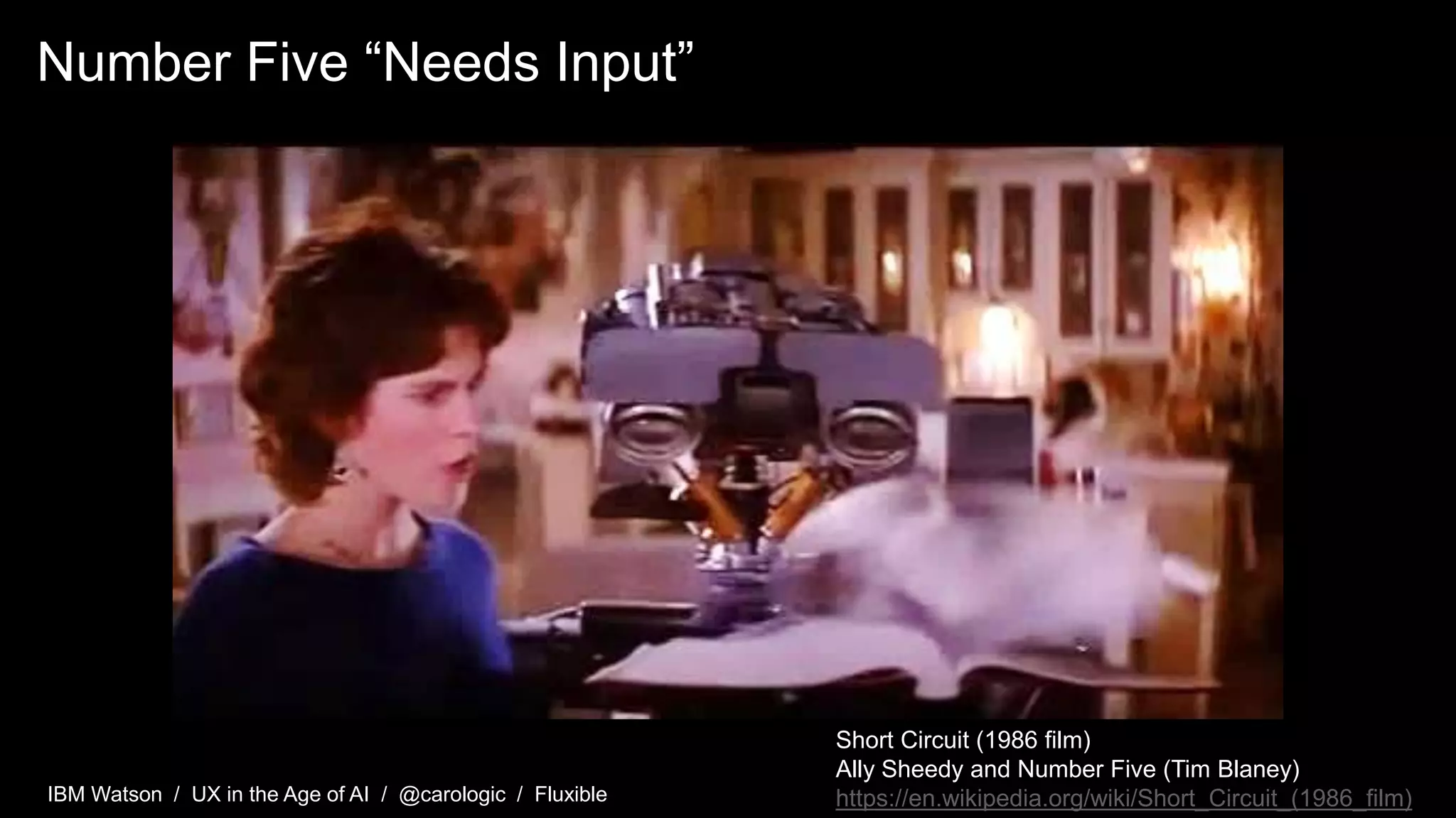 IBM Watson / UX in the Age of AI / @carologic / Fluxible
Number Five “Needs Input”
Short Circuit (1986 film)
Ally Sheedy and Number Five (Tim Blaney)
https://en.wikipedia.org/wiki/Short_Circuit_(1986_film)
 