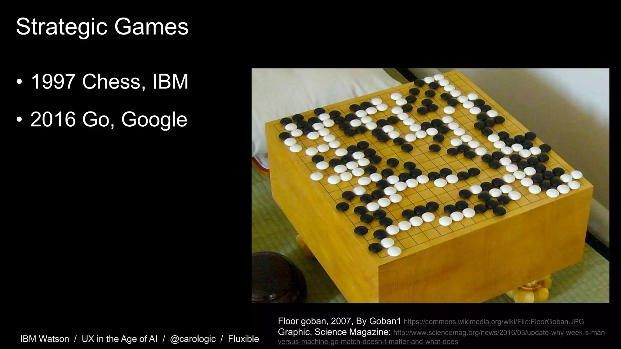 IBM Watson / UX in the Age of AI / @carologic / Fluxible
Strategic Games
• 1997 Chess, IBM
• 2016 Go, Google
Floor goban, 2007, By Goban1 https://commons.wikimedia.org/wiki/File:FloorGoban.JPG
Graphic, Science Magazine: http://www.sciencemag.org/news/2016/03/update-why-week-s-man-
versus-machine-go-match-doesn-t-matter-and-what-does
 