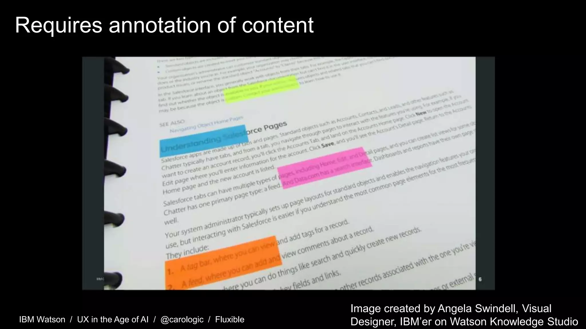IBM Watson / UX in the Age of AI / @carologic / Fluxible
Requires annotation of content
Image created by Angela Swindell, Visual
Designer, IBM’er on Watson Knowledge Studio
 