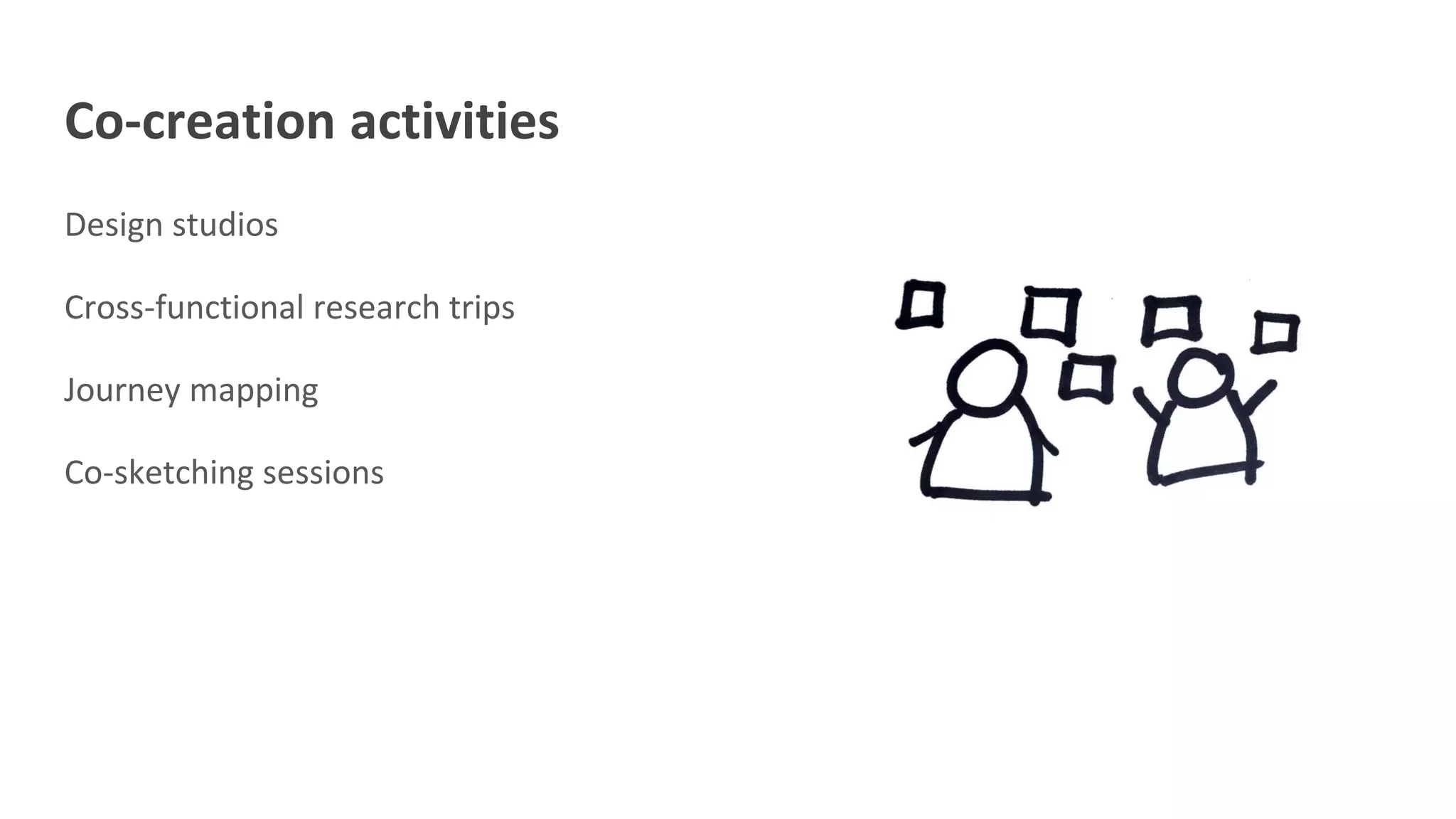 Co-creation activities
Design studios
Cross-functional research trips
Journey mapping
Co-sketching sessions
 