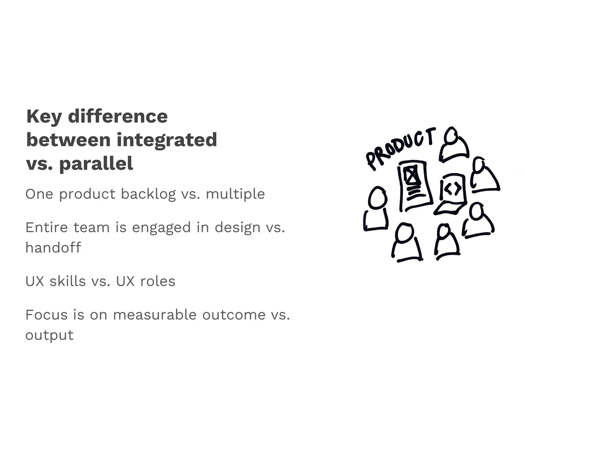Key difference
between integrated
vs. parallel
One product backlog vs. multiple
Entire team is engaged in design vs.
handoff
UX skills vs. UX roles
Focus is on measurable outcome vs.
output
 