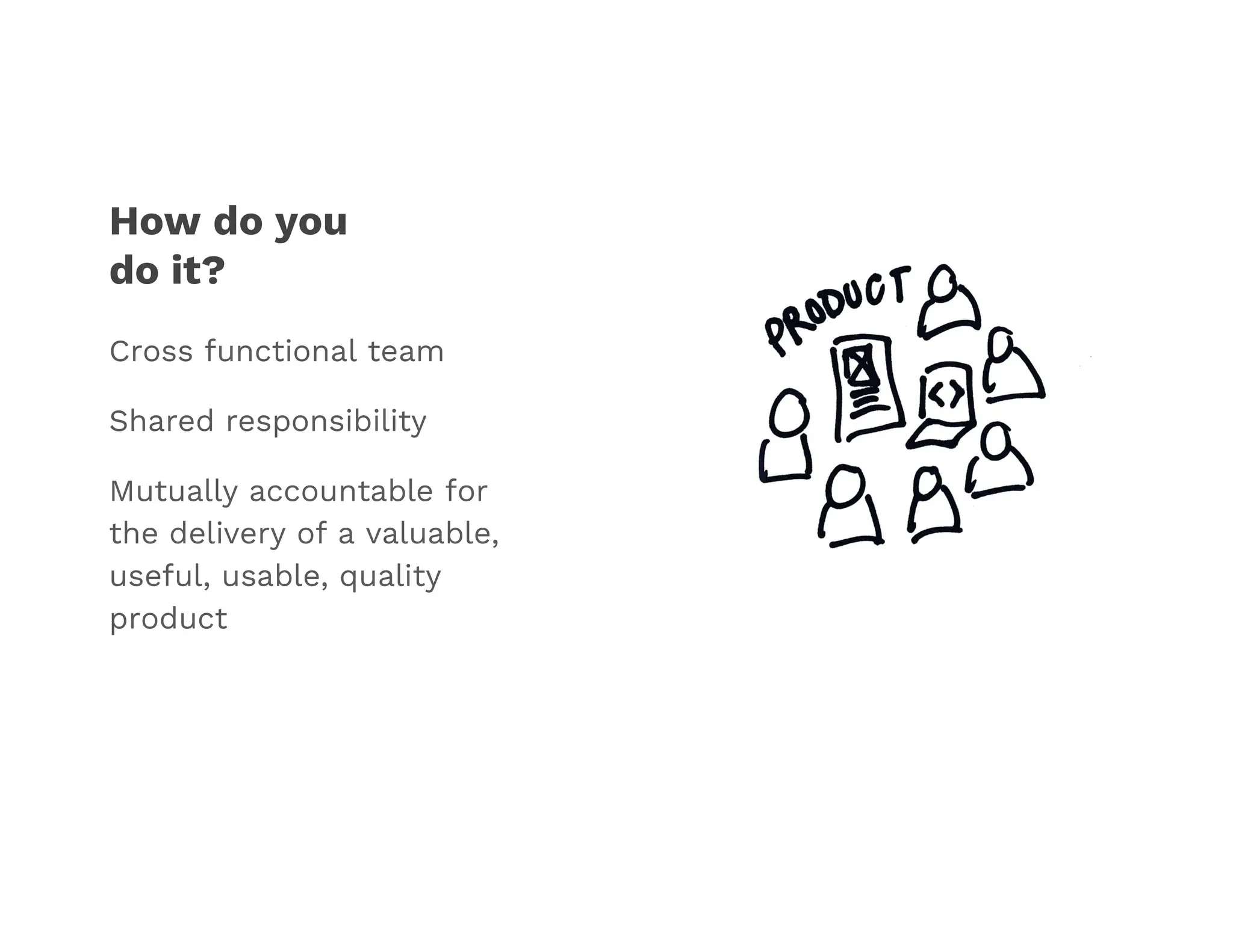 How do you
do it?
Cross functional team
Shared responsibility
Mutually accountable for
the delivery of a valuable,
useful, usable, quality
product
 