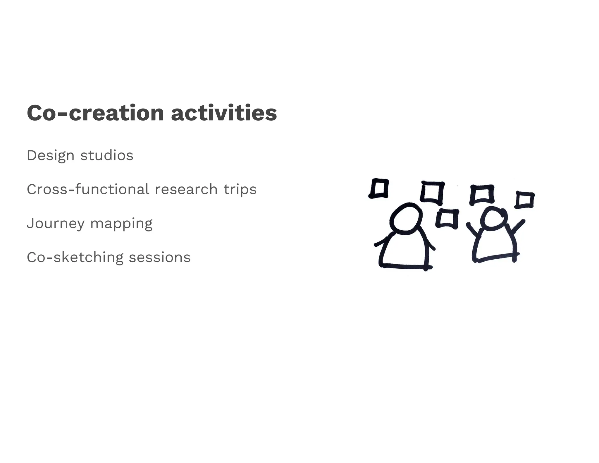 Co-creation activities
Design studios
Cross-functional research trips
Journey mapping
Co-sketching sessions
 