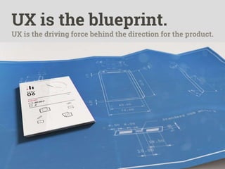 UX
UX is the blueprint.
UX is the driving force behind the direction for the product.
 