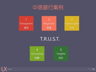 in China 
中信銀行案例 
23 
1 
Transparent 
透明 
2 
Respectful 
尊重 
3 
Uninterrupted 
無縫 
4 
T.R.U.S.T. 
Stimulating 
鼓勵 
5 
Tangible 
有形 
 