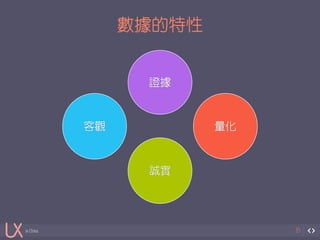 in China 
數據的特性 
35 
證據 
客觀量化 
誠實 
 