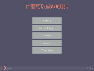 in China 
什麼可以做A/B測試 
49 
Heading 
Images & Logos 
Content 
Buttons 
Trust Seals 
 
