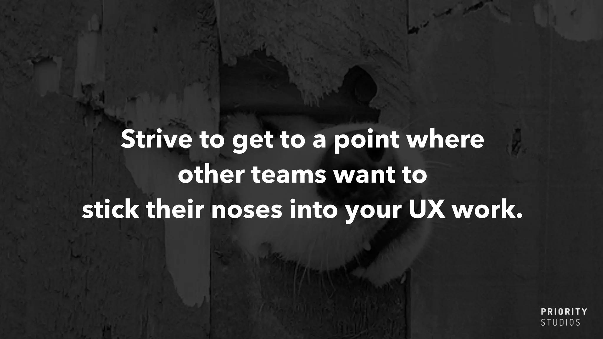 Strive to get to a point where
other teams want to
stick their noses into your UX work.
 