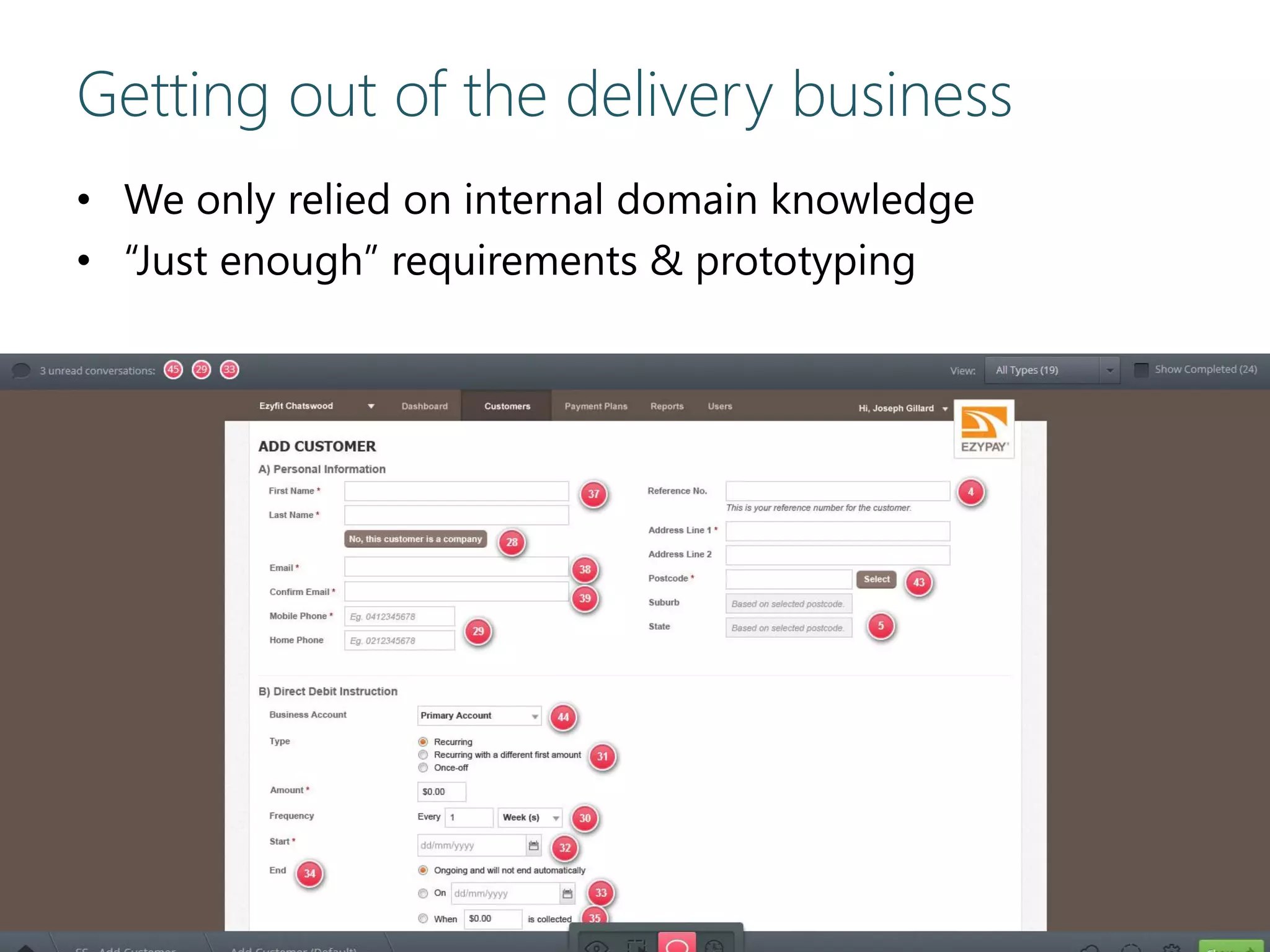 Getting out of the delivery business
• We only relied on internal domain knowledge
• “Just enough” requirements & prototyping
 